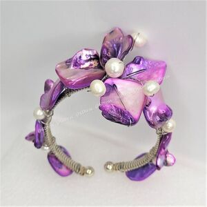𝅺PURPLE Sea Shells and Pearls Floral Cuff Bracelet - Adjustable